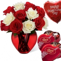 6 red & 6 white rose vase with chocolate & balloon philippines