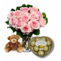 Pink Rose vase,Brown Bear with Ferrero chocolate Send To Philippines