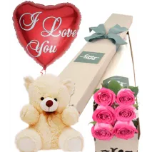 Pink Roses Box,Pink Bear with I Love U Balloon Send To Philippines