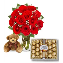 12 Red Roses vase,Ferrero chocolte box with mini Bear To Philippines