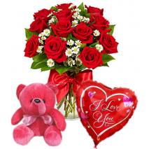 Roses Vase,Red Bear with Love U Balloon Send To Philippines