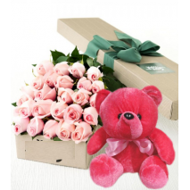 24 Pink Roses Box With Red Bear Send To Philippines
