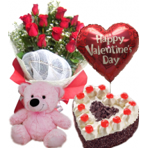 Roses Bouquet,Pink Bear,Balloon with Heart Shaped Black Forest Cake Send To Philippines