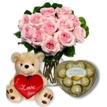 Pink Rose vase,Ferrero rocher chocolate with Bear To Philippines