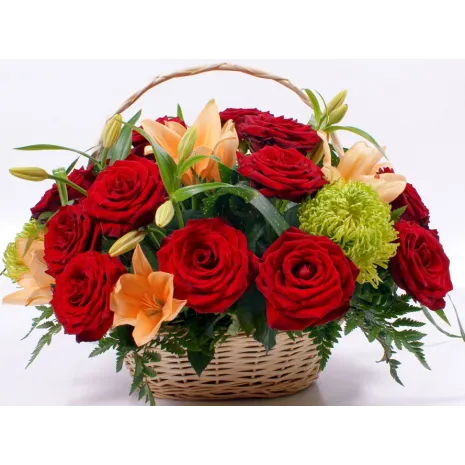 12 red roses and lilies basket