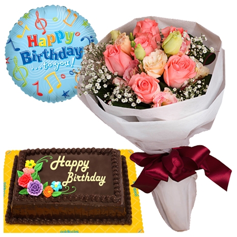 12 ​Red Rose Bouquet with Greens and 1 Piece Happy Birthday Balloon Online  to Philippines