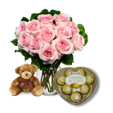 Pink Rose vase,Brown Bear with Ferrero chocolate Send To Philippines