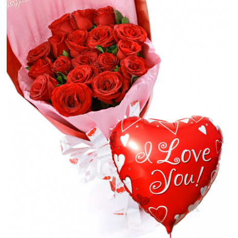 Order 24 Red Roses in Bouquet with Happy Birthday Mylar Balloon to Manila