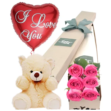 Pink Roses Box,Pink Bear with I Love U Balloon Send To Philippines