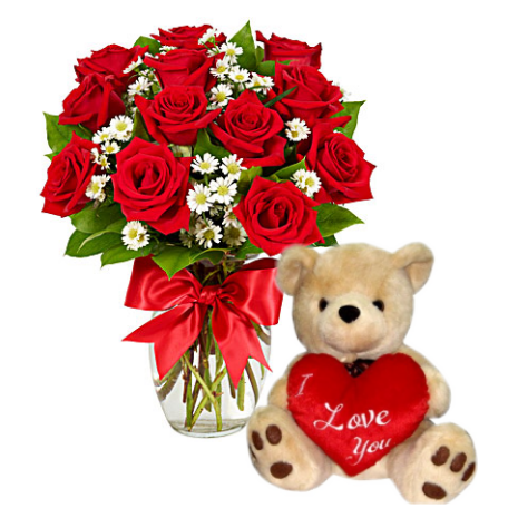 12 Red Roses Vase with Love U Bear Send To Philippines