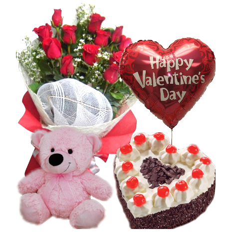 Roses Bouquet,Pink Bear,Balloon with Heart Shaped Black Forest Cake Send To Philippines